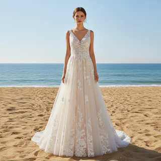 Princess Champagne Tulle Lace A-line Wedding Dress with Vneck