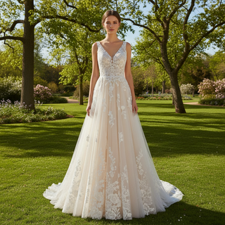 Princess Champagne Tulle Lace A-line Wedding Dress with Vneck