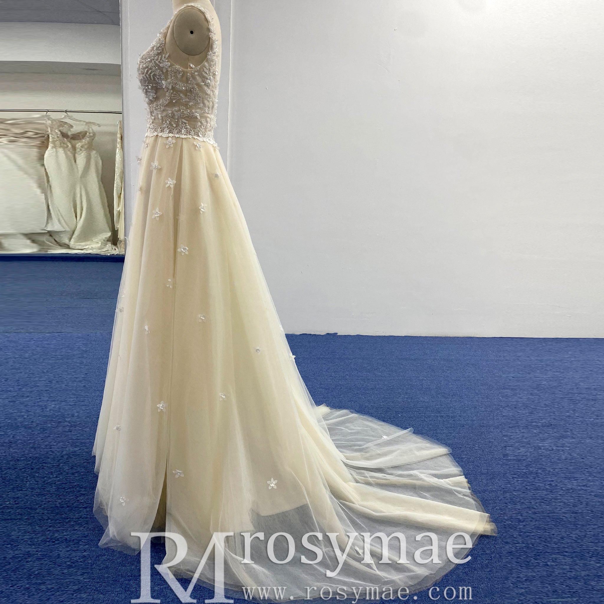 A-line Elegant Sheer Bodice Wedding Dress with Tank Top White / 18 A-line Elegant Sheer Bodice Wedding Dress with Tank Top White / 18