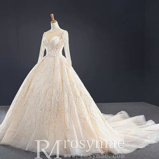 Champagne Ball Gown Tulle Sequins Long Sleeve Wedding Dress - Rosymae