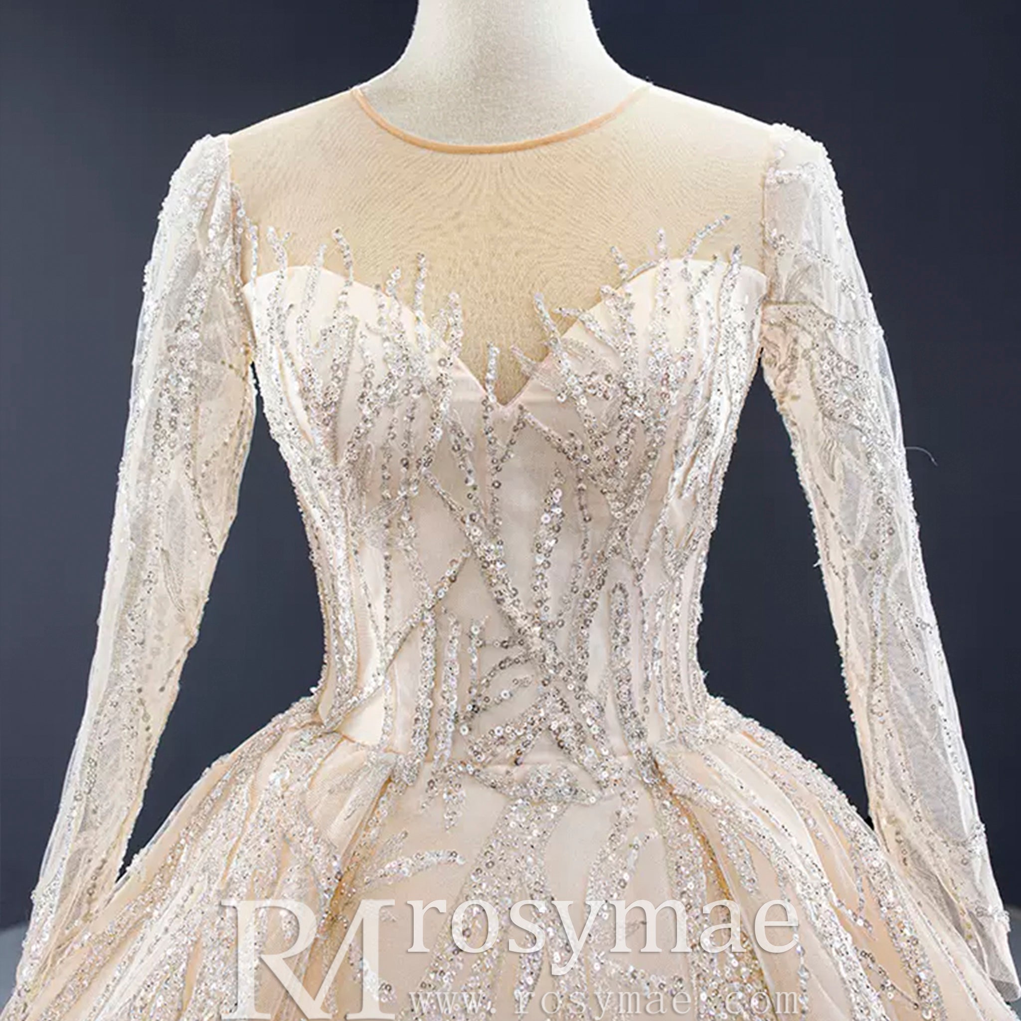 Champagne Ball Gown Tulle Sequins Long Sleeve Wedding Dress - Rosymae
