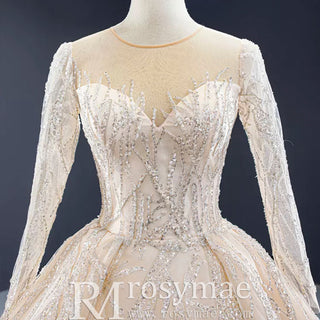 Champagne Ball Gown Tulle Sequins Long Sleeve Wedding Dress - Rosymae