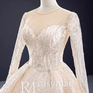 Champagne Ball Gown Tulle Sequins Long Sleeve Wedding Dress - Rosymae