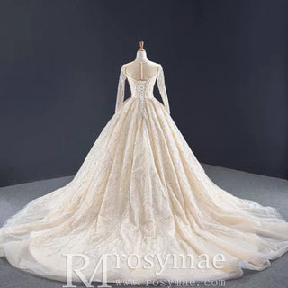 Champagne Ball Gown Tulle Sequins Long Sleeve Wedding Dress - Rosymae