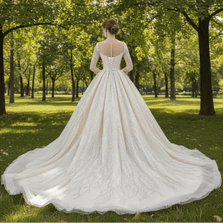Champagne Ball Gown Tulle Sequins Long Sleeve Wedding Dress - Rosymae