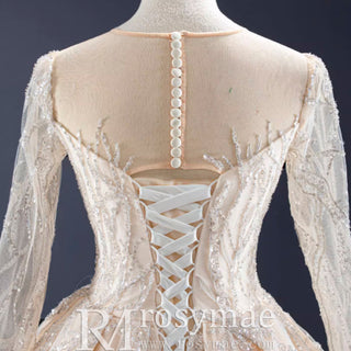 Champagne Ball Gown Tulle Sequins Long Sleeve Wedding Dress - Rosymae