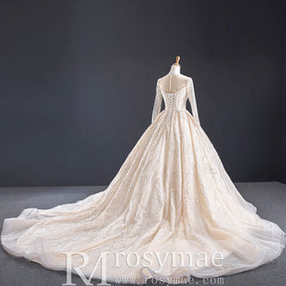 Champagne Ball Gown Tulle Sequins Long Sleeve Wedding Dress - Rosymae