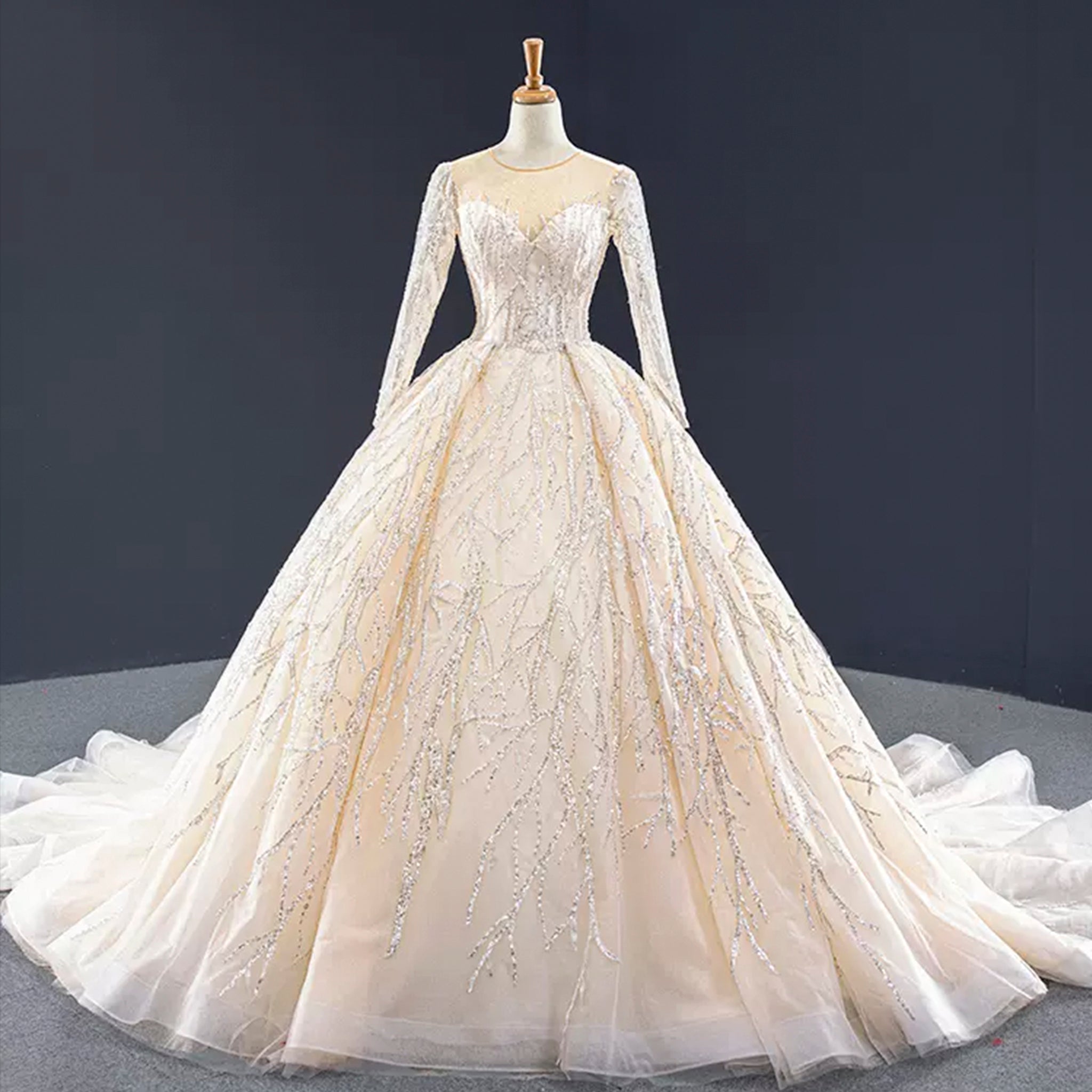 Champagne Ball Gown Tulle Sequins Long Sleeve Wedding Dress - Rosymae