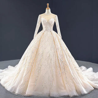 Champagne Ball Gown Tulle Sequins Long Sleeve Wedding Dress - Rosymae