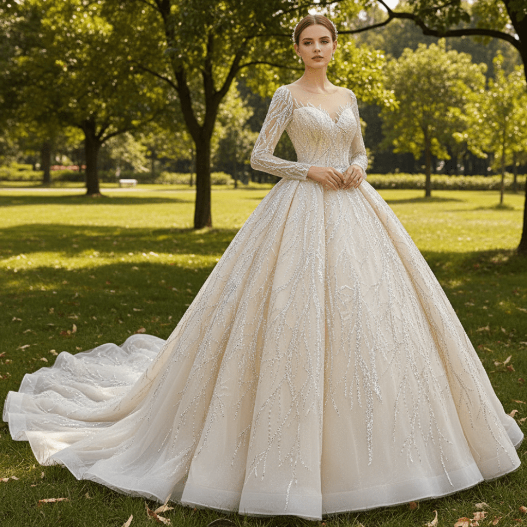 Champagne Ball Gown Tulle Sequins Long Sleeve Wedding Dress - Rosymae
