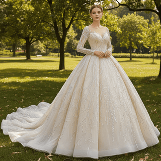 Champagne Ball Gown Tulle Sequins Long Sleeve Wedding Dress - Rosymae