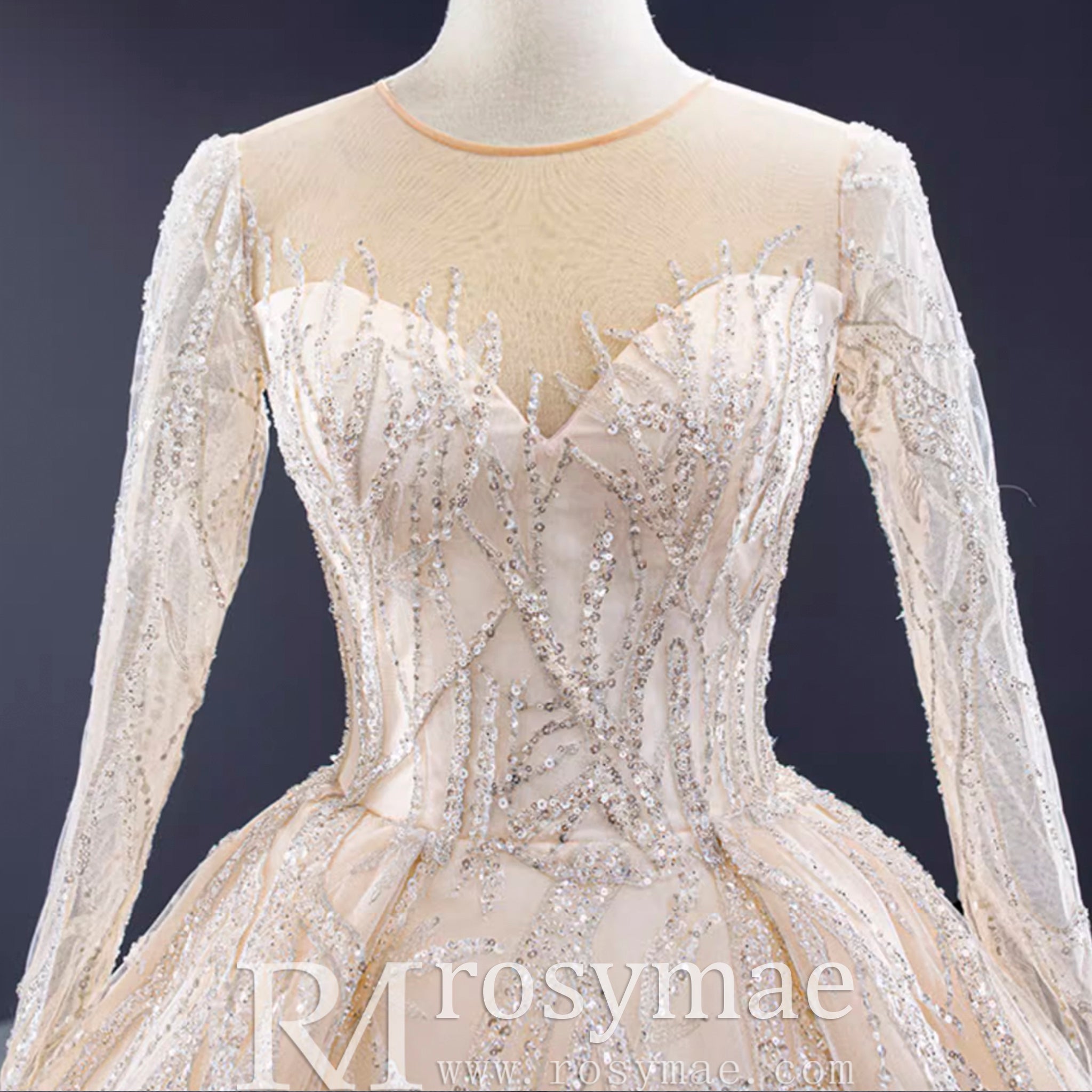 Champagne Ball Gown Tulle Sequins Long Sleeve Wedding Dress - Rosymae