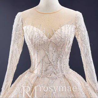 Champagne Ball Gown Tulle Sequins Long Sleeve Wedding Dress - Rosymae