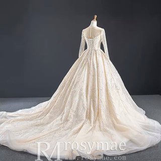 Champagne Ball Gown Tulle Sequins Long Sleeve Wedding Dress - Rosymae
