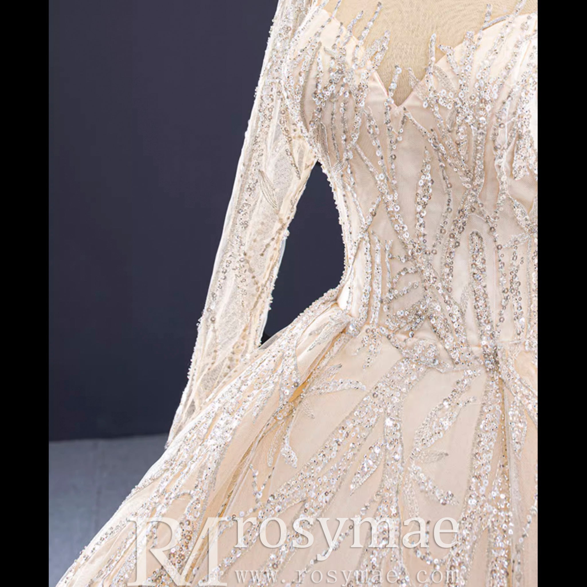 Champagne Ball Gown Tulle Sequins Long Sleeve Wedding Dress - Rosymae