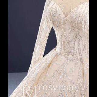 Champagne Ball Gown Tulle Sequins Long Sleeve Wedding Dress - Rosymae