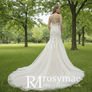 Lace Applique Spaghetti Strap Champagne Mermaid Wedding Dress