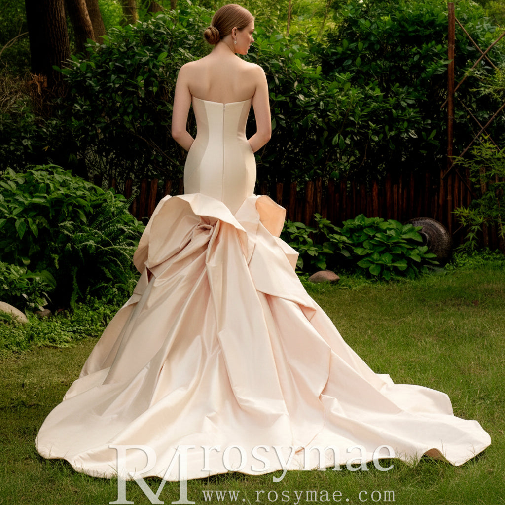 Vintage Style Asymmetrical Neck Champagne Wedding Dresses with Ruffle Skirt Champagne / 2 Vintage Style Asymmetrical Neck Champagne Wedding Dresses with Ruffle Skirt Champagne / 2