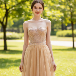 Champagne Evening Dresses with Detachable Skirt Sequin - Rosymae