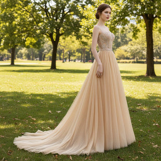 Champagne Evening Dresses with Detachable Skirt Sequin - Rosymae