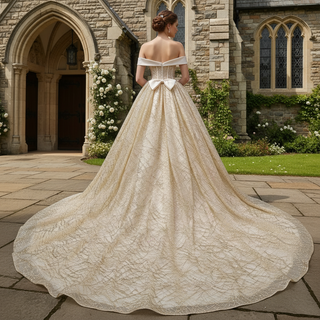 Elegant Sparkly Champagne Gold Wedding Dress with Off the Shoulder