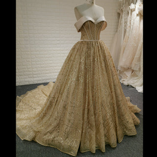 Elegant Sparkly Champagne Gold Wedding Dress with Off the Shoulder