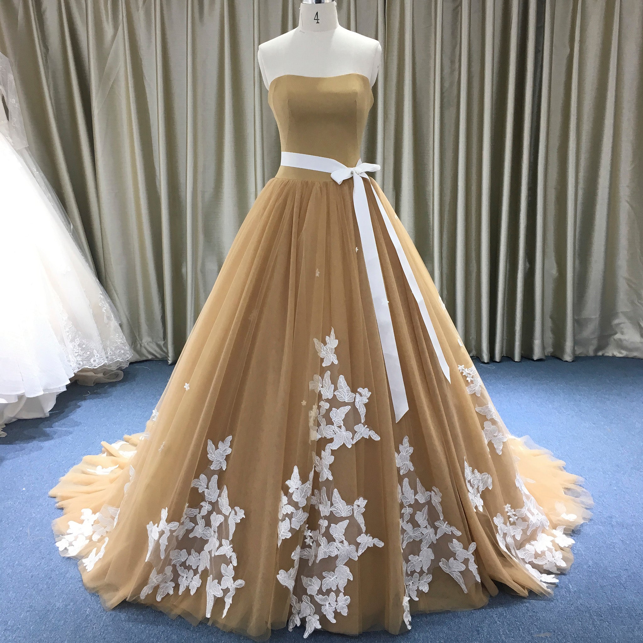 Classic Vintage Style Champagne Gold Wedding Dress with White Lace Rosymae Classic Vintage Style Champagne Gold Wedding Dress with White Lace Rosymae
