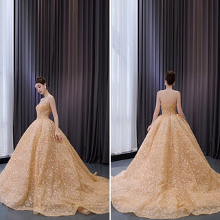 Champagne Gold Beaded Floral Lace Wedding Gown Quinceanera Dress - Rosymae