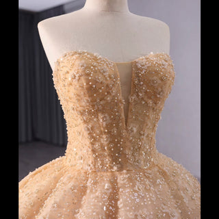 Champagne Gold Beaded Floral Lace Wedding Gown Quinceanera Dress - Rosymae