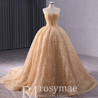Champagne Gold Beaded Floral Lace Wedding Gown Quinceanera Dress - Rosymae