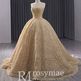 Champagne Gold Beaded Floral Lace Wedding Gown Quinceanera Dress - Rosymae