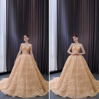 Champagne Gold Beaded Floral Lace Wedding Gown Quinceanera Dress - Rosymae