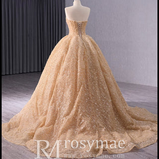 Champagne Gold Beaded Floral Lace Wedding Gown Quinceanera Dress - Rosymae