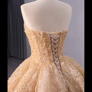 Champagne Gold Beaded Floral Lace Wedding Gown Quinceanera Dress - Rosymae