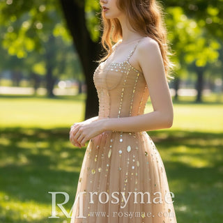 Champagne Gold Sparkly Evening Gown Party Dress with Straps - Rosymae