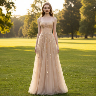 Champagne Gold Sparkly Evening Gown Party Dress with Straps - Rosymae