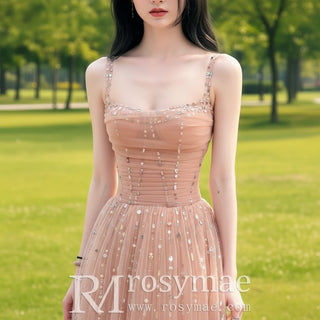 Champagne Gold Sparkly Evening Gown Party Dress with Straps - Rosymae