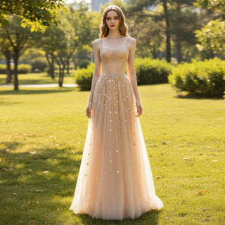 Champagne Gold Sparkly Evening Gown Party Dress with Straps - Rosymae
