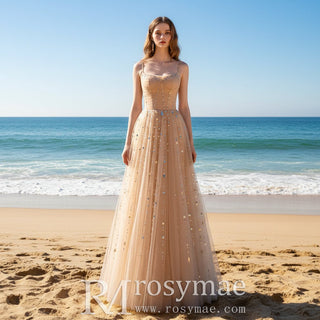 Champagne Gold Sparkly Evening Gown Party Dress with Straps - Rosymae