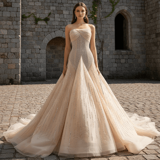 Champagne Gold Strapless Sequin Mermaid Wedding Dress with Twisted Bodice
