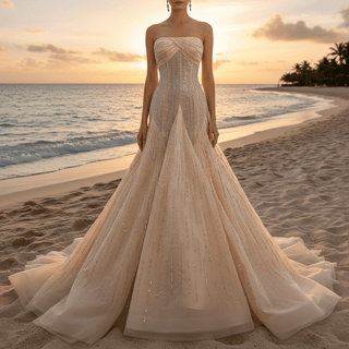 Champagne Gold Strapless Sequin Mermaid Wedding Dress with Twisted Bodice