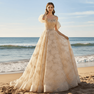 Champagne Gold Wedding Dress Sequins Princess Wedding Gown - Rosymae