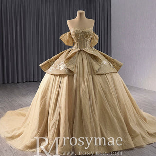 Champagne Gold Wedding Gown Off the Shoulder Quinceanera Dress - Rosymae