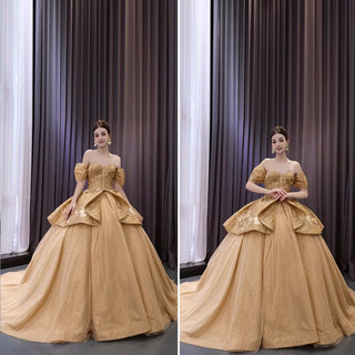 Champagne Gold Wedding Gown Off the Shoulder Quinceanera Dress - Rosymae