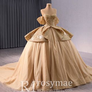 Champagne Gold Wedding Gown Off the Shoulder Quinceanera Dress - Rosymae