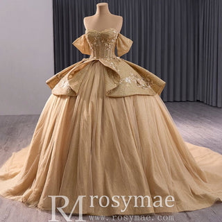 Champagne Gold Wedding Gown Off the Shoulder Quinceanera Dress - Rosymae