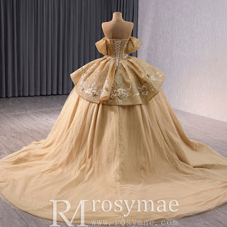 Champagne Gold Wedding Gown Off the Shoulder Quinceanera Dress - Rosymae