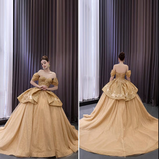 Champagne Gold Wedding Gown Off the Shoulder Quinceanera Dress - Rosymae