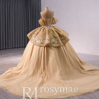 Champagne Gold Wedding Gown Off the Shoulder Quinceanera Dress - Rosymae