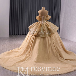 Champagne Gold Wedding Gown Off the Shoulder Quinceanera Dress - Rosymae